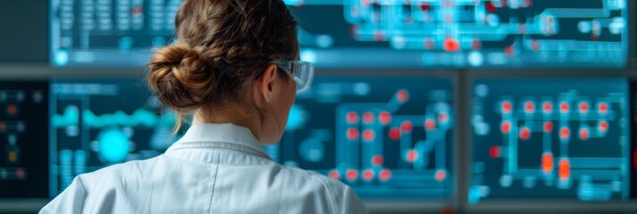 Poster - Female Engineer Analyzing Digital Schematics in High-Tech Lab, Focus on Innovation and Technology