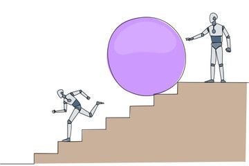 Poster - Continuous one line drawing robotic running down stairs avoiding big ball. Attacked by business friends. Traitor in business. Cheating in business. Betray. Single line draw design vector illustration