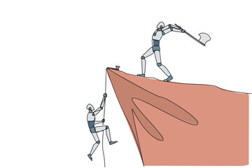 Poster - continuous one line drawing smart robot climbs cliff with rope. almost successful. rudely dropped by