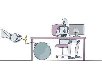 Poster - Single one line drawing smart robot typing at a computer desk. Trapped by business partner. A bomb that could explode at any time. Betrayed by a colleague. Continuous line design graphic illustration