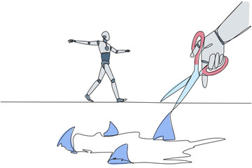 Poster - Single one line drawing the smart robot walking across on tightrope. A metaphor pursuing a career. Ruined by traitors. Fake friend. Business sabotaged. Continuous line design graphic illustration