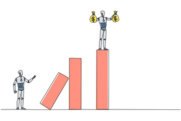 Poster - single continuous line drawing the smart robot standing on the bar lifting two money bags. fake part
