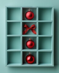 Poster - Minimalist Christmas Ornaments Display in Light Blue Grid, Featuring Red Ribbon and Soft Shadows