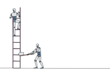 Aufkleber - Single continuous line drawing smart robot climbs the ladder to achieve the expected reward. Destroyed silently. Business failed to develop. Destroyed by traitors. One line design vector illustration
