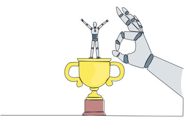 Poster - single continuous line drawing the smart robot standing on big trophy. celebrating the success of bu