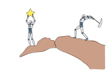 Poster - Single continuous line drawing smart robot standing on the edge of a cliff holding up a star. The hypocrite partner want to destroy the achievement. The traitor. One line design vector illustration