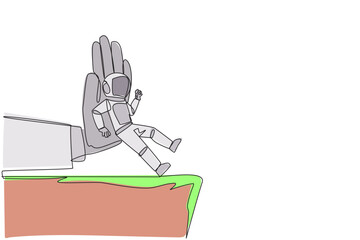 Poster - single one line drawing astronaut standing on the edge of a cliff. something big wants to bring down