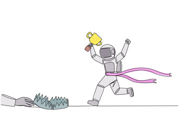 Poster - continuous one line drawing astronaut running with trophy. dangerous business trap. a trap that real