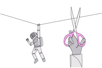 Poster - Single one line drawing the astronaut hanging from rope. A big hand that want to cut the rope. Maintaining a nearly useless business. Thwarted by traitors. Continuous line design graphic illustration