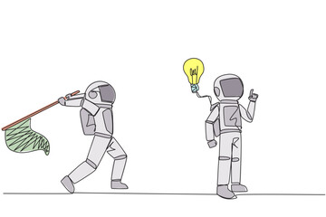 Poster - Continuous one line drawing astronaut who comes up with an idea. A brilliant idea that will be stolen by a business partner. Cheating in business. Betrayal. Single line draw design vector illustration