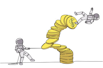Poster - Single one line drawing astronaut pull one of a piles of coins who made the person on top fall. Business fraud. Misappropriation of office money. Traitor. Continuous line design graphic illustration