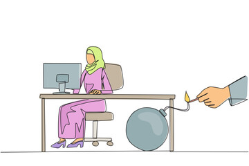 Wall Mural - Continuous one line drawing Arab businesswoman typing at computer. Trapped by business partner. Bomb that could explode at any time. Betrayed by colleague. Single line draw design vector illustration