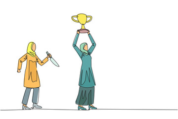 Poster - single continuous line drawing arab businesswoman stands lifting trophy. business friends prepare to