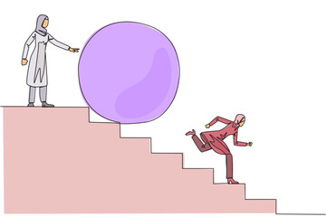 Poster - Single continuous line drawing Arabian businesswoman running down stairs avoiding the big ball. Attacked by business friend. Traitor in business. Cheating. Betray. One line design vector illustration