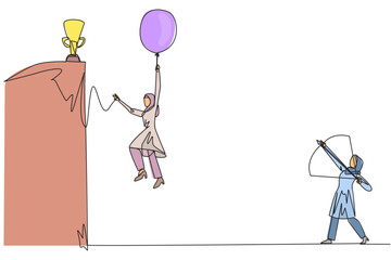 Poster - Continuous one line drawing Arab businesswoman wants to achieve prizes at peak of career. Getting resistance from all directions. Painful failure. Traitor. Single line draw design vector illustration