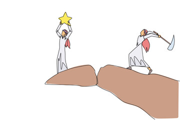 Poster - Continuous one line drawing Arab businessman standing on edge of cliff holding up a star. Hypocrite partner want to destroy the achievement. The traitor. Single line draw design vector illustration