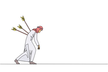 Poster - single continuous line drawing arab businessman standing and several arrows stuck in the back. attac
