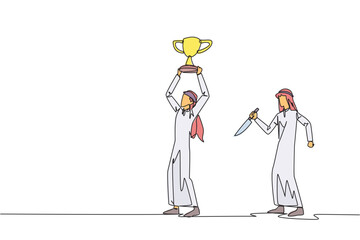 Poster - single one line drawing arab businessman standing lifting trophy. business friends prepare to stab i