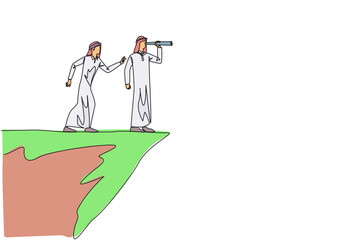 Poster - single continuous line drawing arab businessman monitoring something at the edge of cliff using bino