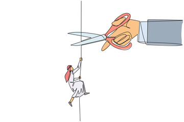 Poster - Continuous one line drawing Arab businessman climbs rope. Metaphor of struggling to advance business. Business failed to develop. Sabotaged by colleague. Single line draw design vector illustration