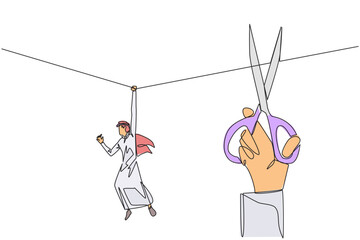 Poster - Continuous one line drawing Arab businessman hanging from rope. Big hand want to cut the rope. Maintaining a nearly useless business. Thwarted by traitors. Single line draw design vector illustration