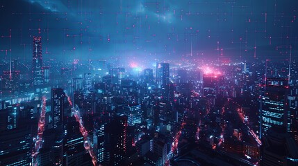 Wall Mural - A futuristic city at night is adorned with blue and red lights, reflecting a highly advanced urban landscape that thrives on digital technology and innovation.