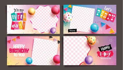 Wall Mural - Birthday party cards vector banner set design. Birthday party invitation card template collection with empty blank space for celebrant picture in colorful background. Vector illustration birthday 