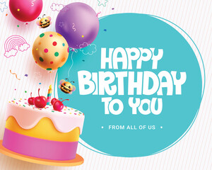 Wall Mural - Happy birthday greeting vector template design. Birthday cake and balloons elements decoration for kids party invitation card template design. Vector illustration birthday card template. 

