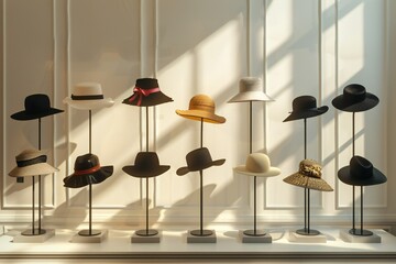 Wall Mural - Close up  of a chic hat collection arranged on sleek stands with soft lighting , created by ai