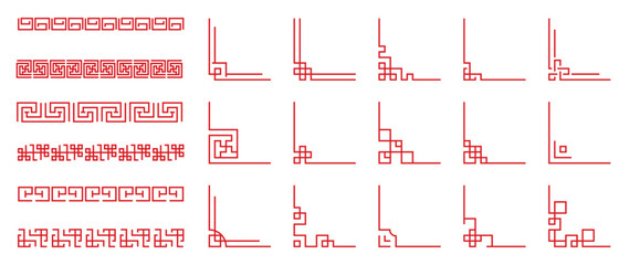 Fototapete - chinese frame corner ornament vector set. traditional decorative elements with line, corner, frame, 