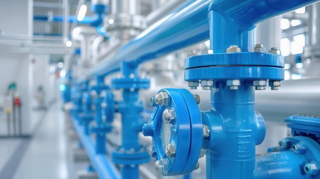 Advanced industrial pipes and blue valves in a clean facility, technical innovation, industrial efficiency