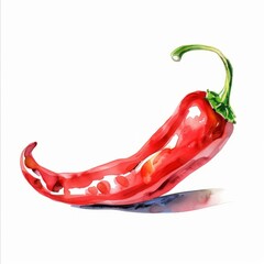 Watercolor painting of a red chili pepper, with minimalist curves and a glossy surface, on isolated white background, Generative AI