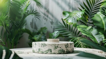 Wall Mural - Cosmetics product advertising podium stand with tropical leaves background. Empty natural stone pedestal platform to display beauty product. Mockup