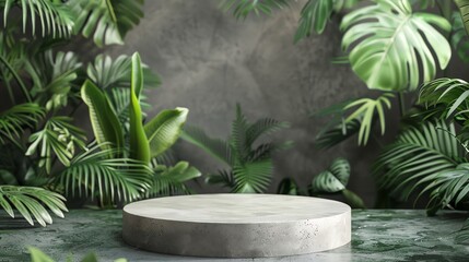 Wall Mural - Cosmetics product advertising podium stand with tropical leaves background. Empty natural stone pedestal platform to display beauty product. Mockup