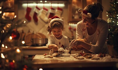 On Christmas Eve, a mother and her child happily bond while they bake cookies together, celebrating the holiday season with warmth, joy, and love in a festive and magical kitchen atmosphere