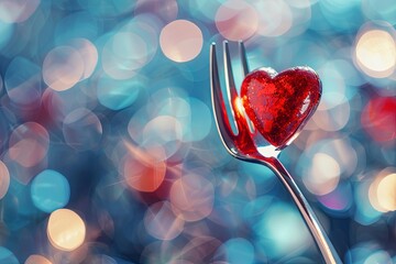 Wall Mural - Banner. Festive table setting.Heart on a fork close-up. Holiday concept. Valentine's Day. Copy space for text, Generative ai