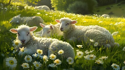 Wall Mural - cute lambs on field in spring. 