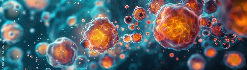 Detailed microscopic view of glowing cells with a vibrant and dynamic ...