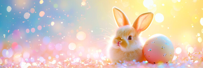 illustration of cute rabbit and easter egg on glittery background..