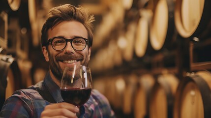 Happy man with glasses, holding a glass of red wine in a winery, with rows of wooden barrels in the background Warm, rustic ambiance emphasizing the joy of wine tasting