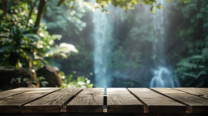 blind podium made of wood; blurred tropical nature with a waterfall in the background; light natural warm colors, 2:1, banner landing page