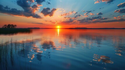 Wall Mural - Sunset Reflections Over a Calm Lake