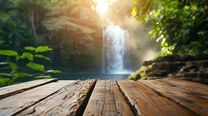 blind podium made of wood; blurred tropical nature with a waterfall in the background; light natural warm colors, 2:1, banner landing page