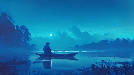 Wall Mural - In the stillness of the night the phantom fishermans boat glides silently across the water leaving no ripples in its wake. The only sound is the faint hum of ghostly lures whirring