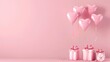 © rajagambar99 - Beautiful pink birthday background with inflated helium balloons in the shape of hearts and gifts on the side with space for text, inscription or logo