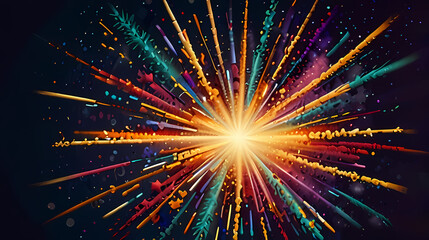 festive starburst background with sparkling confetti and fireworks exploding in various directions