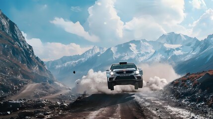 Wall Mural - Rally racing car on dirt track, in the mountains, extreme sport activities theme, created with generative ai