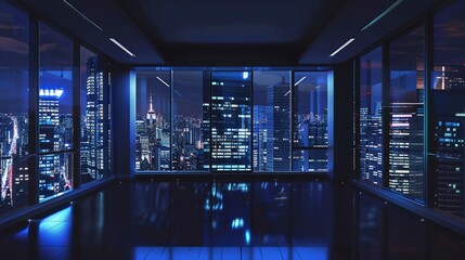 Empty office room with view of the modern business skyscrapers high-rise buildings at night . Generative ai
