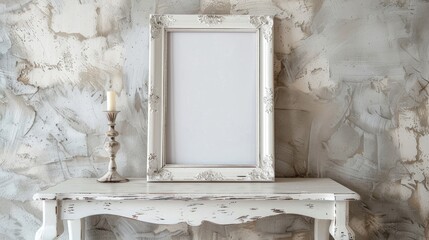 Wall Mural - Old white table with picture frame