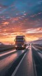 Truck transport on the road and cargo at sundet 